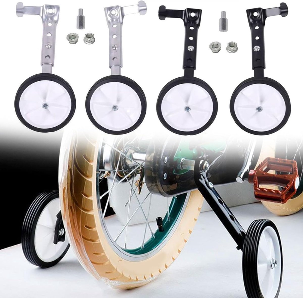 Fiets Trainingswielen - Stabilisatoren Set - Leren Fietsen - Verstelbare Hoogte - 16-24 inch - Zilver