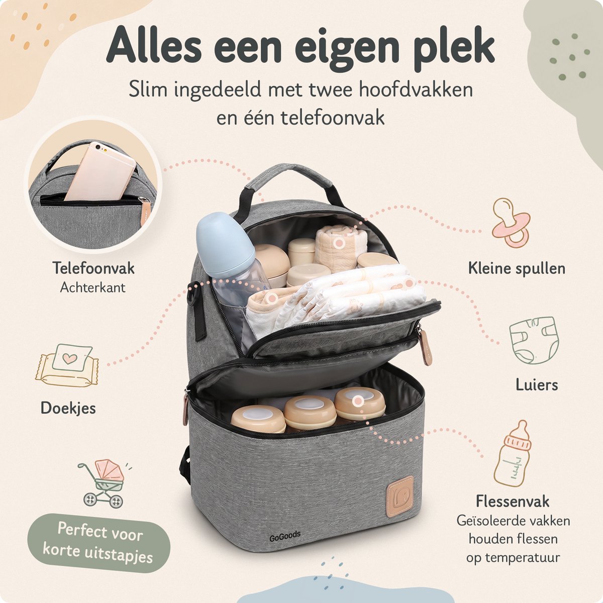 GoGoods® Luiertas Rugzak - Baby Verzorgingstas - Isoleervak voor 3-6 Flesjes - Met Kinderwagen Bevestiging - 23x17x28 cm - Grijs thumbnail 3
