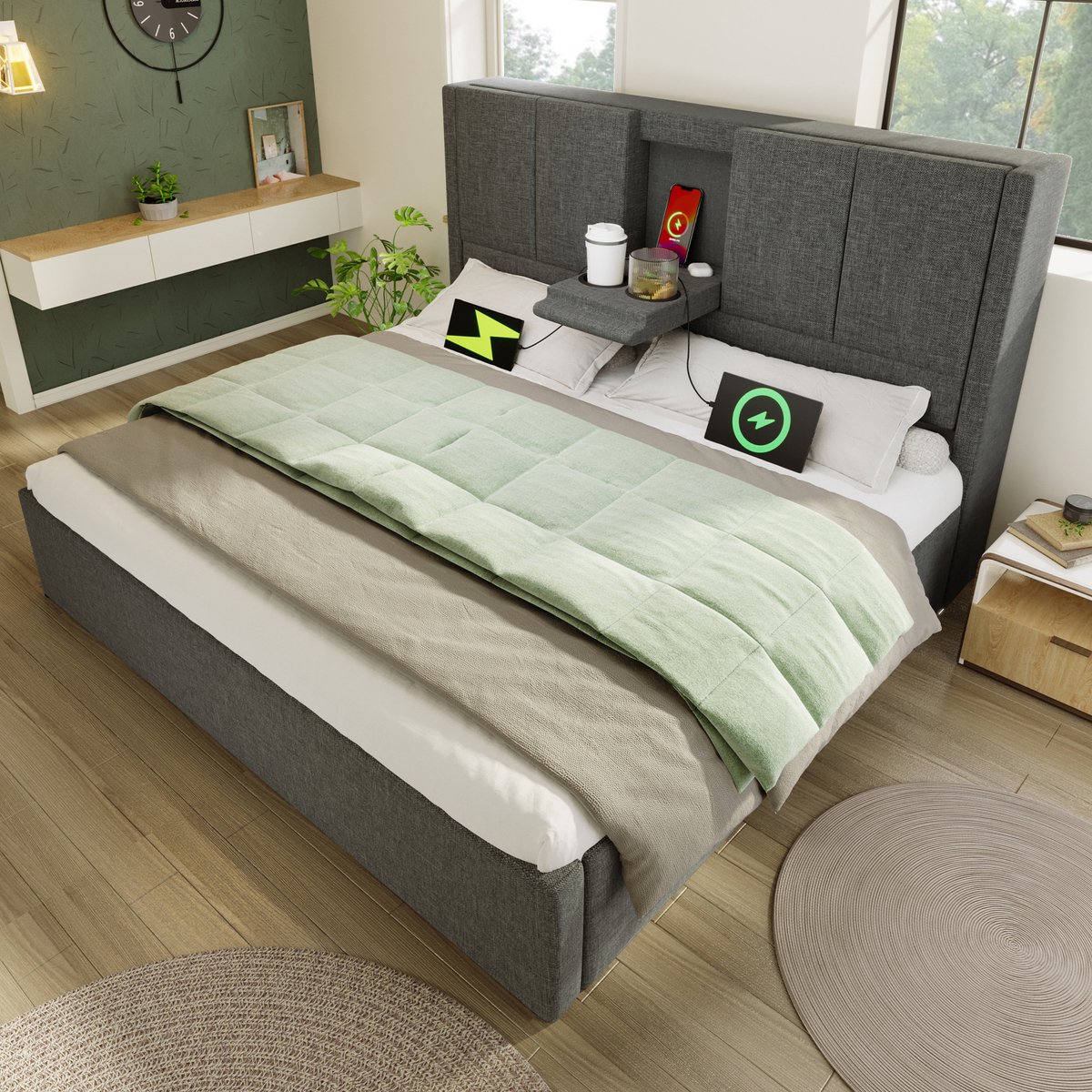 MEUNIQ gestoffeerd tweepersoons bed 140x200 cm met opbergruimte, hydraulische bedbodem, verborgen bekerhouders en laadstation met USB en Type-C, grijs