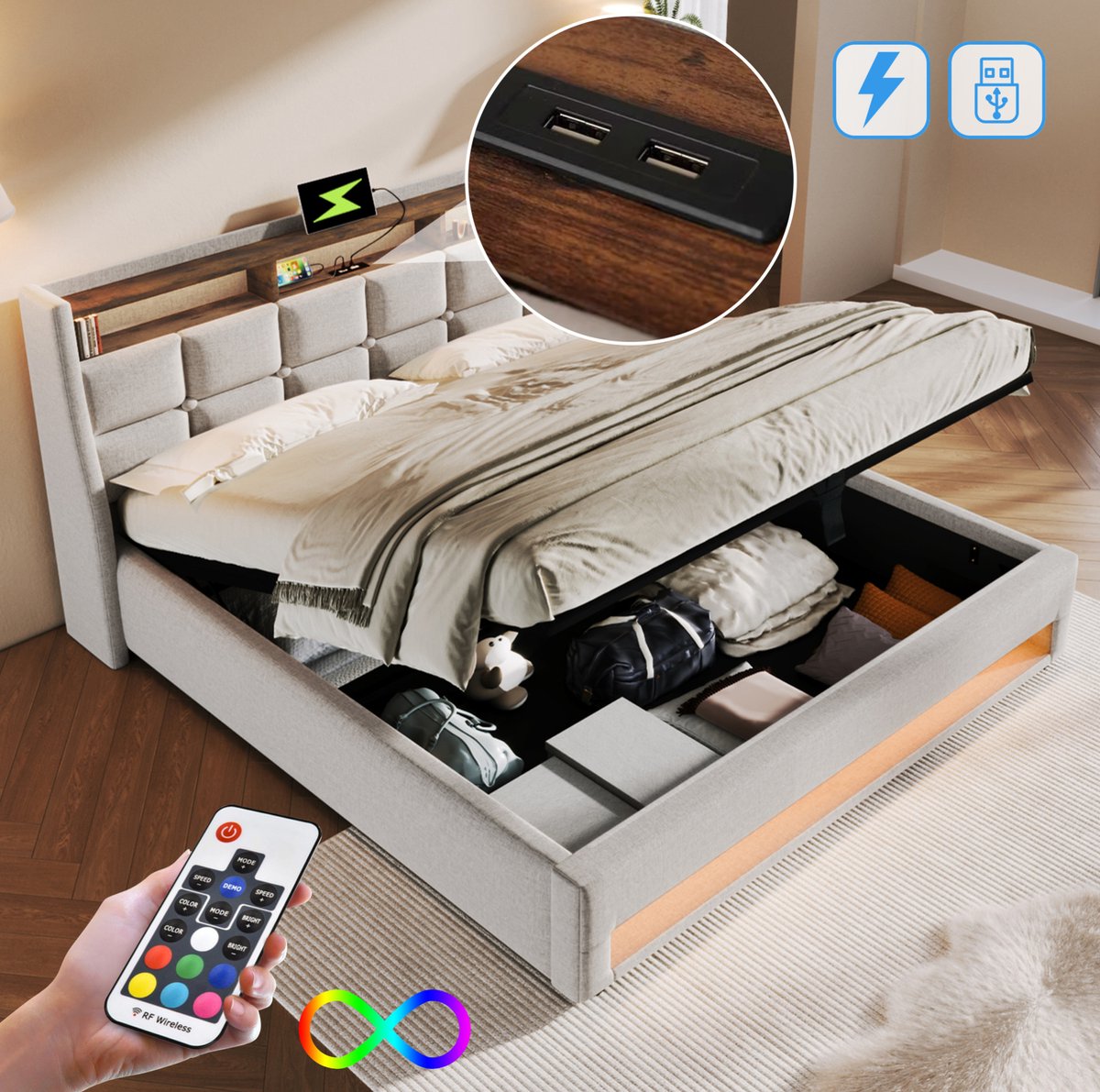 MEUNIQ gestoffeerd tweepersoons bed 140x200 cm met LED, USB-aansluiting, lattenbodem en opbergruimte, bedframe voor slaapkamer in beige