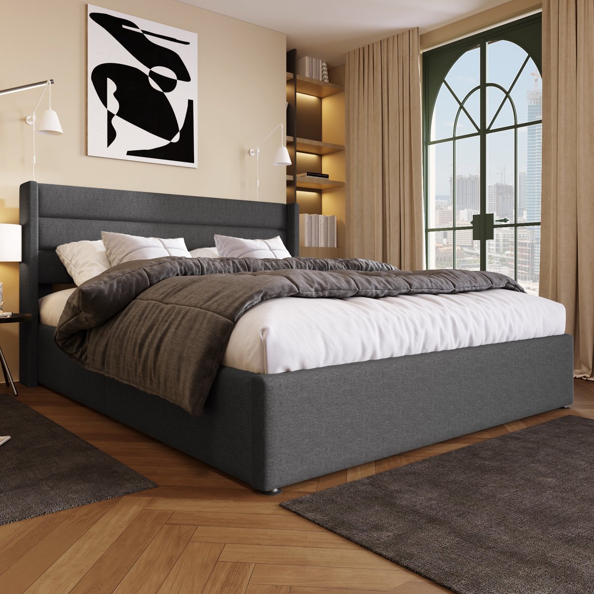 MEUNIQ Stauraumbed 160 x 200 cm met hydraulische opbergruimte, gestoffeerd hoofdbord en linnen bekleding voor de slaapkamer, grijs