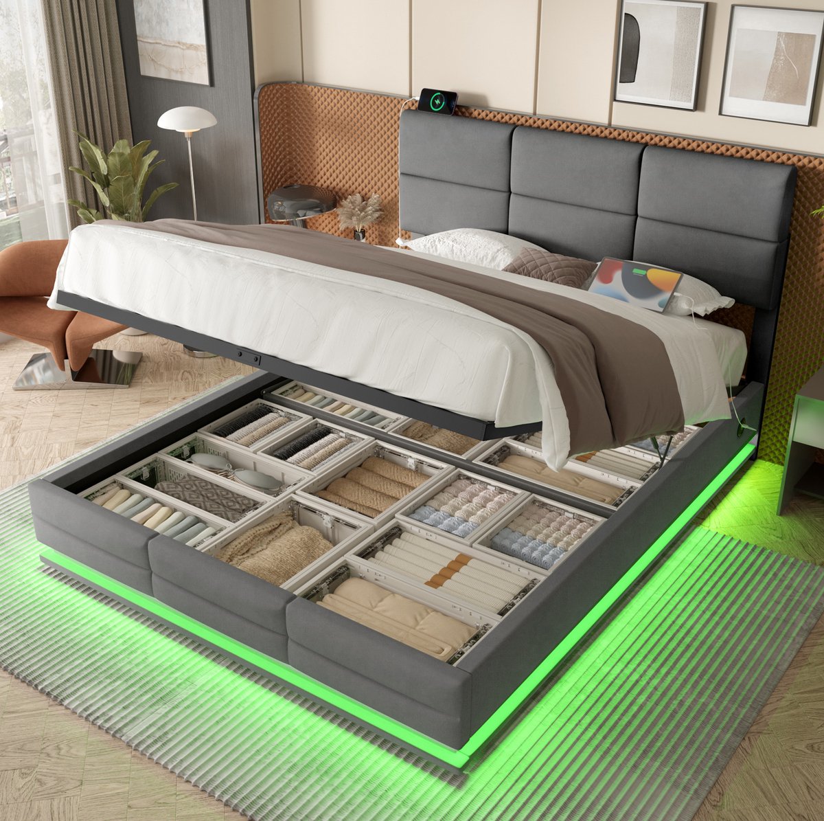 MEUNIQ bedframe 160x200 cm met velours bekleding, verstelbaar hoofdbord, LED-verlichting, USB/Type-C en hydraulische opbergruimte voor slaapkamer, grijs Donkergrijs