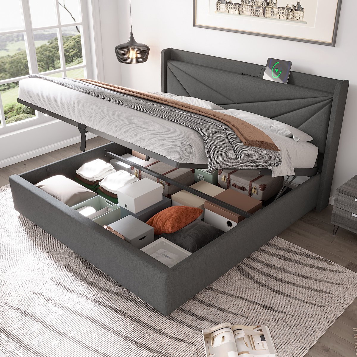 MEUNIQ tweepersoons bedframe 140x200 cm met opbergruimte, USB en USB-C in hoofdbord, lattenbodem, stoffen bekleding, slaapkamer, grijs