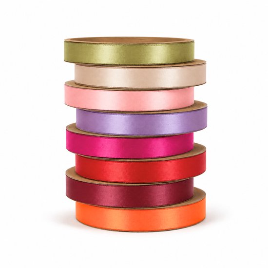 Pile de 8 rouleaux de ruban de satin dans des tons de vert, beige, rose, violet, fuchsia, rouge, bordeaux et orange.
