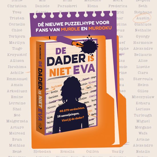 Boekkaft met de titel 'DE DADER IS NIET EVA' en een schaduwfiguur.