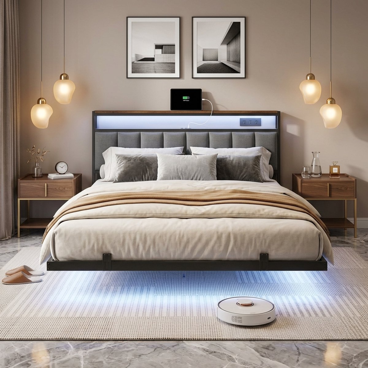 Modern Zwevend LED Opbergbed 160x200 cm met USB & USB-C Oplaadstation, Gestoffeerd Tweepersoonsbed met Hoofdbord, Opbergruimte, Lattenbodem en Stalen Frame – Donkergrijs | Medahomestore