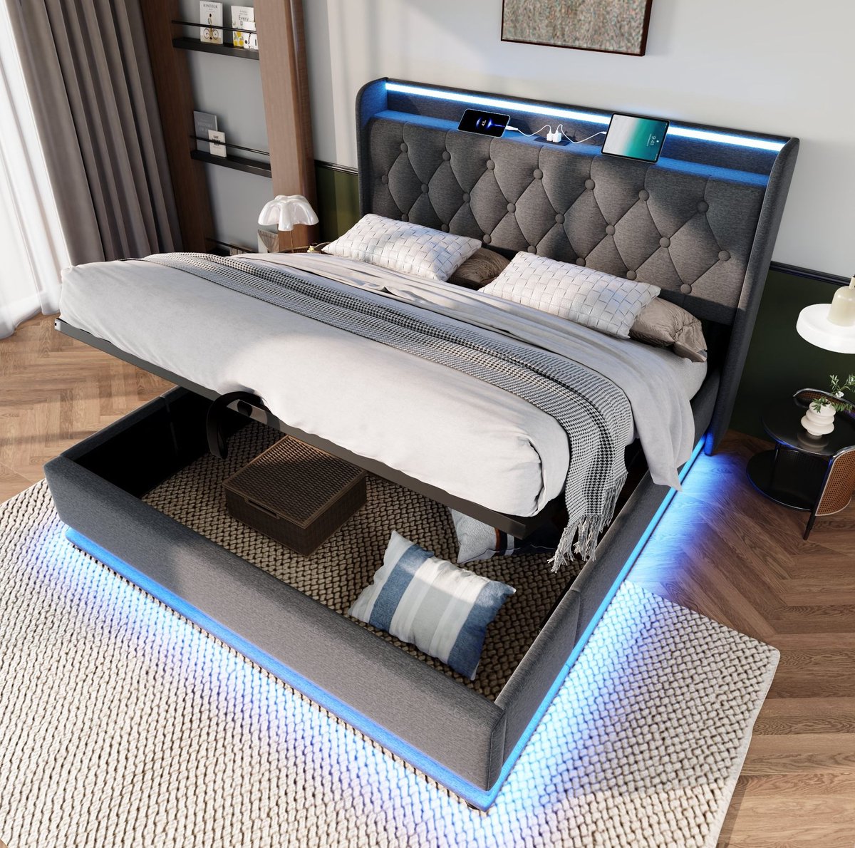 MEUNIQ gestoffeerd tweepersoons bed 140x190 cm met hydraulische opbergruimte, 360° LED-verlichting, USB en Type-C, lattenbodem en hoofdbord voor slaapkamer, grijs