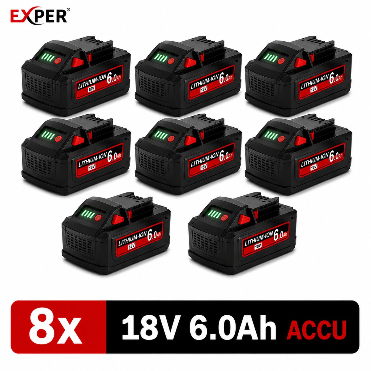EXPER - 18V Accu geschikt voor Milwaukee M18 - 8 Stuks - 6.0Ah - Vervangende Accu - Compatibel met M18 B2 B4 B5 B6 B9 BX - Li-ion