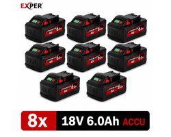 EXPER - 18V Accu geschikt voor Milwaukee M18 - 8 Stuks - 6.0Ah - Vervangende Accu - Compatibel met M18 B2 B4 B5 B6 B9 BX - Li-ion