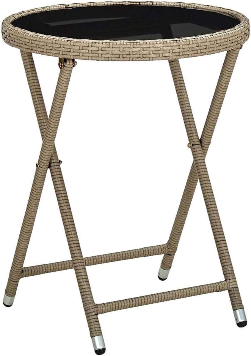 Inklapbare bijzettafel - Tuinmeubel rotan - Buiten genieten - Gehard glasblad - 60 cm - Beige