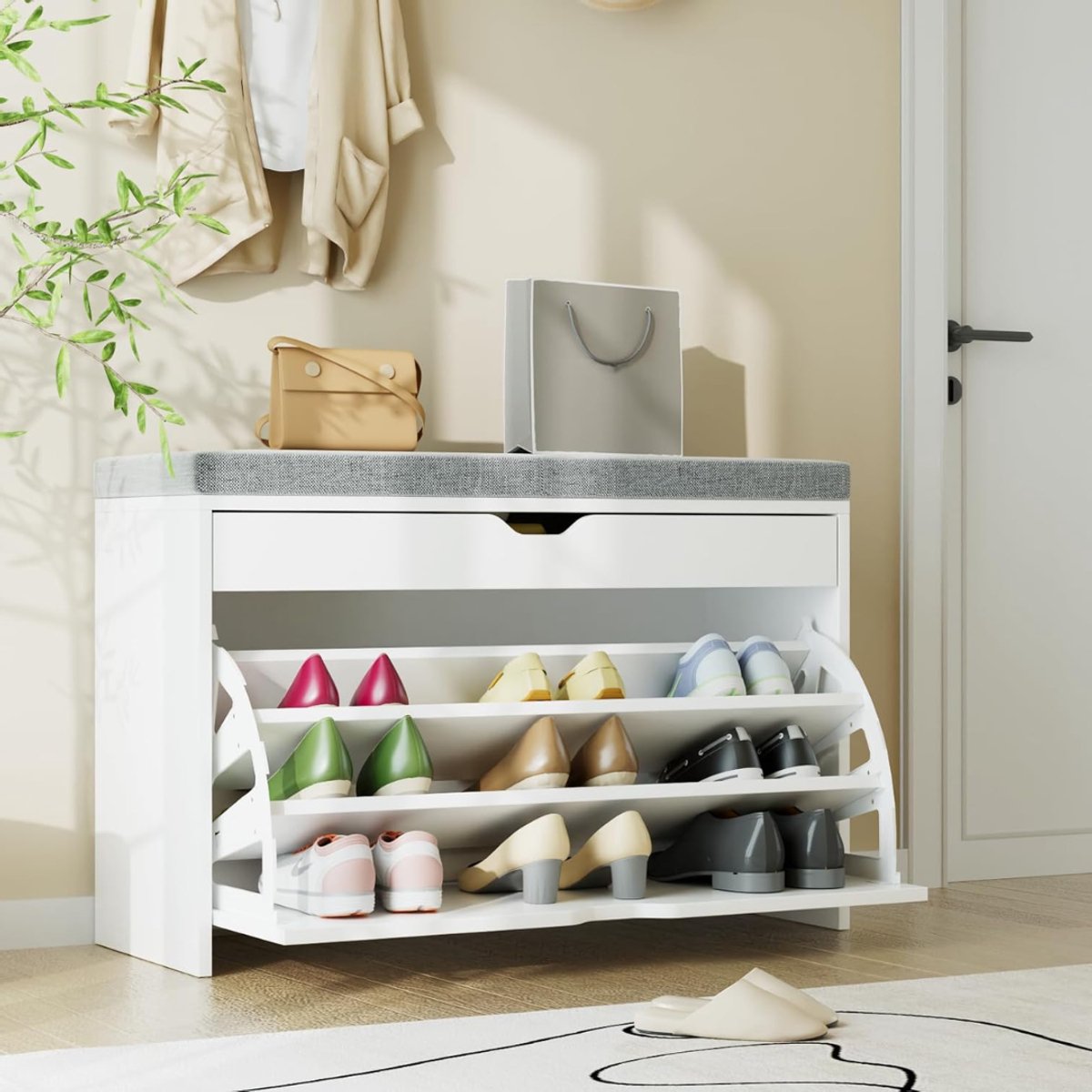 CRLYN® Schoenenbank met Zitkussen - Schoenenrek - Schoenenbank - Wit