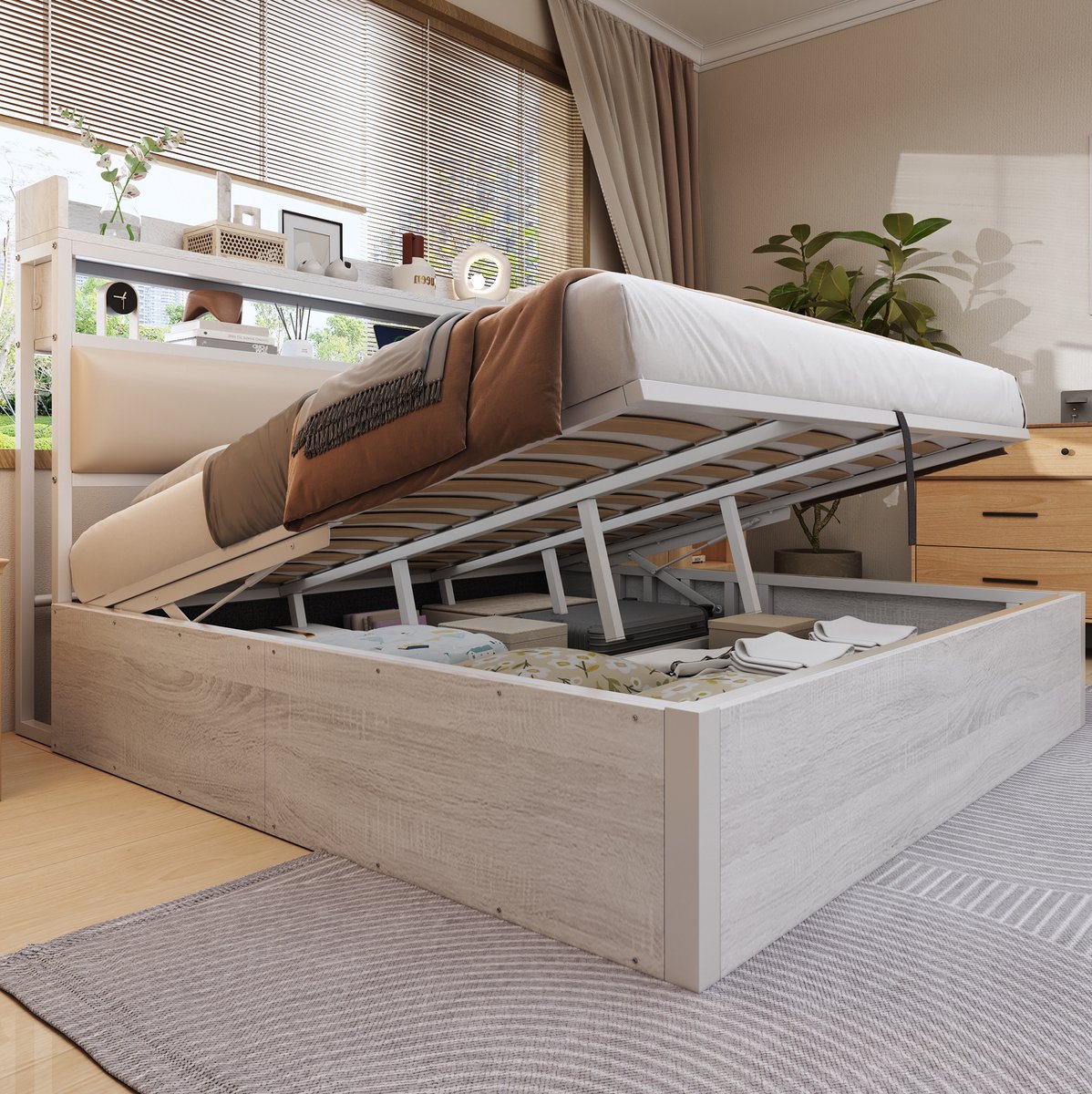 MEUNIQ tweepersoons bedframe 180x200 cm met hydraulische opbergruimte, USB, gestoffeerd hoofdbord en lattenbodem voor slaapkamer, wit