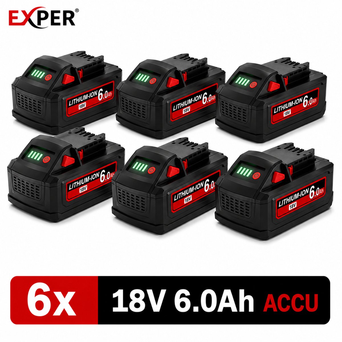 EXPER - 18V Accu geschikt voor Milwaukee M18 - 6 Stuks - 6.0Ah - Vervangende Accu - Compatibel met M18 B2 B4 B5 B6 B9 BX - Li-ion