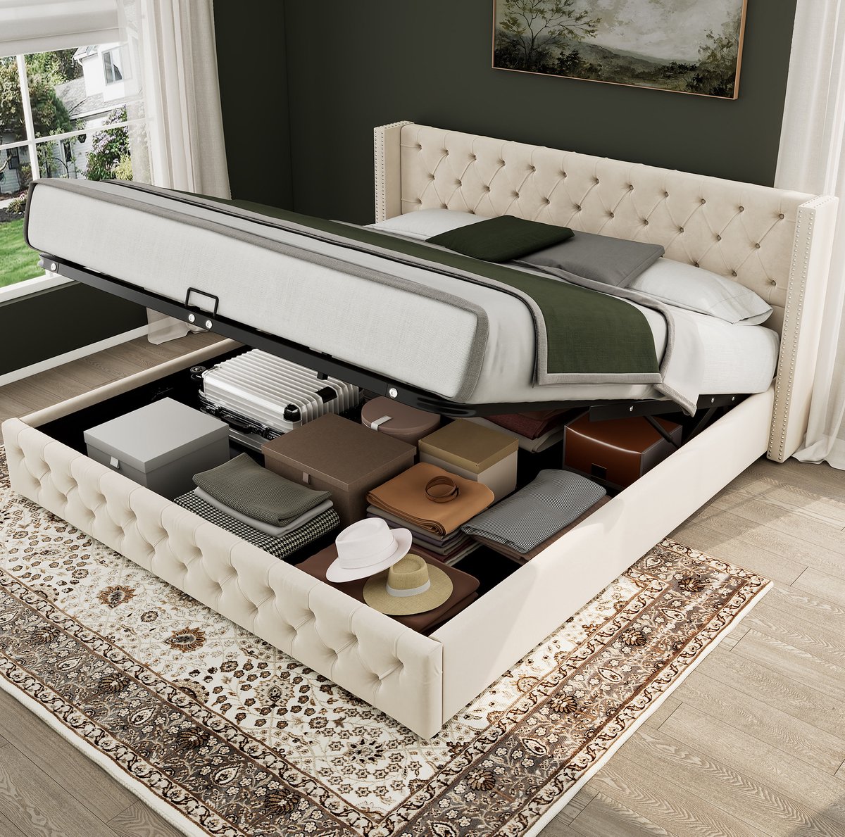 MEUNIQ gestoffeerd tweepersoonsbed 140x200 cm met hydraulische opbergruimte en lattenbodem, bedframe met hoog hoofdbord en knoopstiksel voor slaapkamer, beige