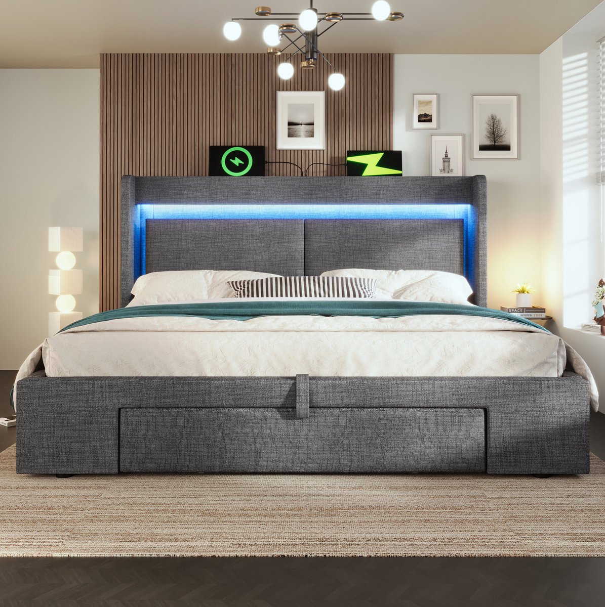 MEUNIQ gestoffeerd bed 180x200 cm met hydraulische opbergruimte, hoofdbord met opbergvak, LED-verlichting, USB en USB-C, lattenbodem, tweepersoons grijs