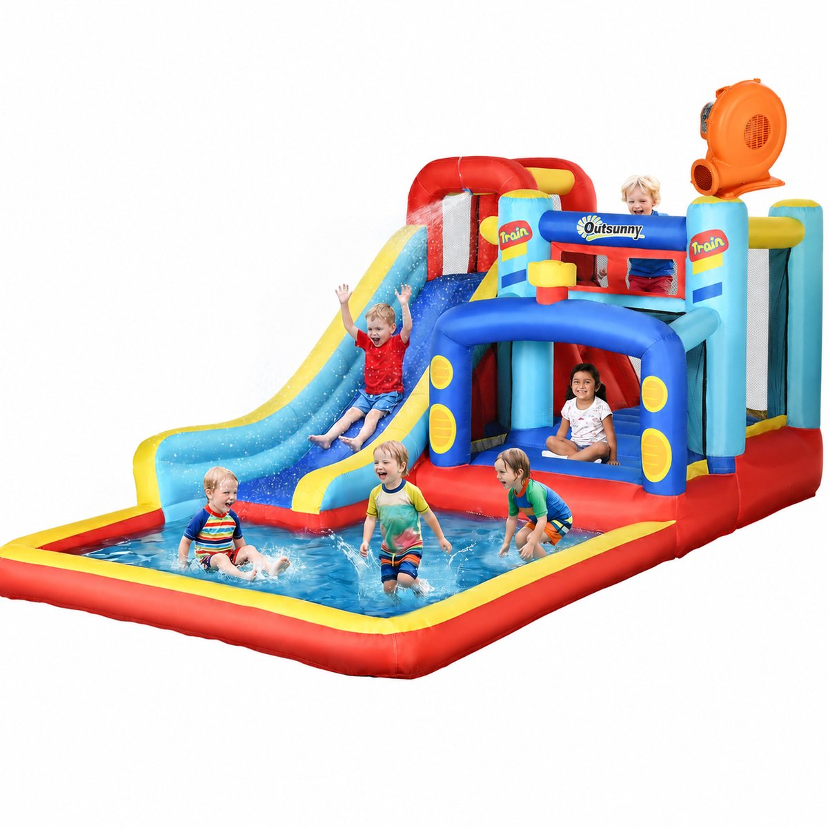 TEKROA® Springkasteel - Springkussen voor kinderen met trampoline - glijbaan en zwembad, 435x245x200cm
