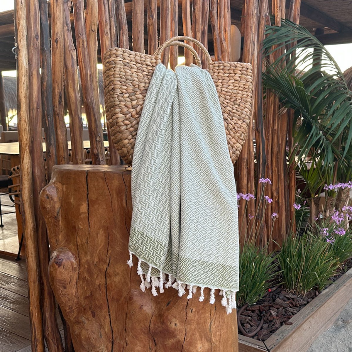 Fashion4wellness Hamamdoek Double Diamond Woodbine - Beige / FOUTA - STRANDLAKEN - SAUNADOEK - 180 X 100 CM KATOEN