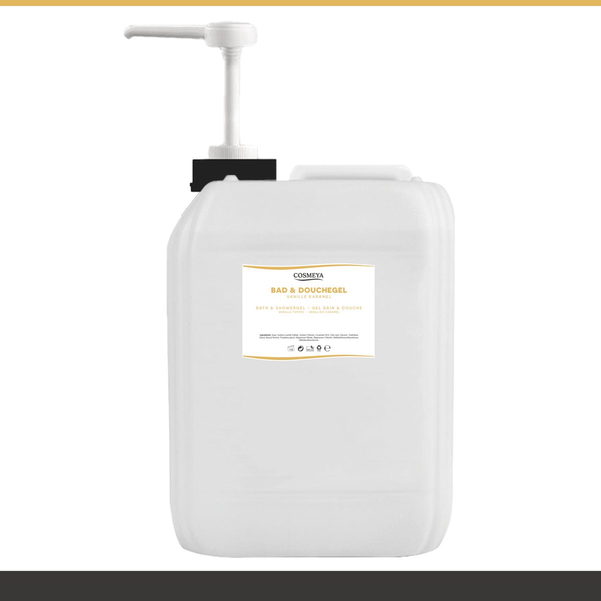 Bad & Douchegel - Vanille Karamel - Goudgeel/Parelmoer - 5 Liter - Met Pomp - Jerrycan - Navulling - Navullen - Mannen - Heren - Dames - Vrouw - Shower gel - Showergel - Douche gel - Shampoo - Jerrycans - Voordeelverpakking - Body wash - Gel douche