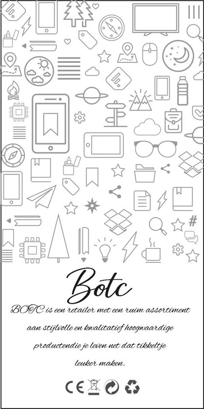 Wit achtergrondpatroon met diverse pictogrammen en de tekst BOTC, een retailer met een ruim assortiment aan stijlvolle en kwalitatief hoogwaardige producten.