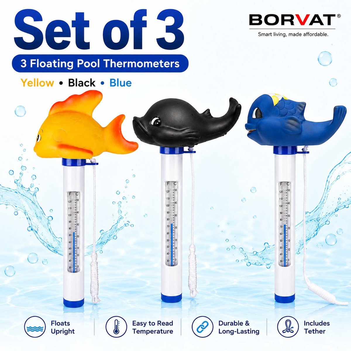 BORVAT® Zwembad Thermometer Set van 3 - Drijvende Vijverthermometers - Vis & Dolfijn - Geel / Zwart / Blauw - Inclusief Bevestigingskoord