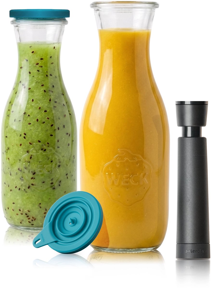 Airtender Smoothie Saver (2st.) | 2x Vacuüm karaf van glas (1000ml) | 2x Vacuümdeksel + GRATIS -pomp | 100% Plasticvrij | Smoothies, juices en shakes tot 5x langer vers, kleurrijk en vitaminerijk | Maak smoothies voor de hele week! | + To-Go Clip