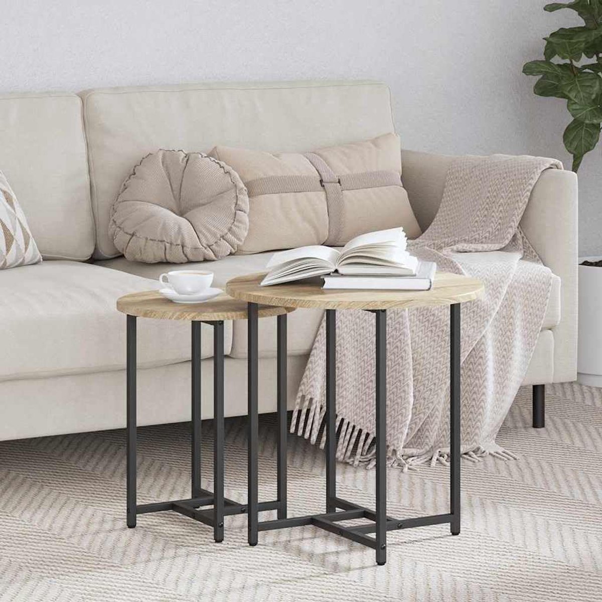 Bijzettafel set - Opbergtafel nachtkastje - Woonkamer decoratie - Industriële look - 50x50x50 cm - Sonoma eiken zwart