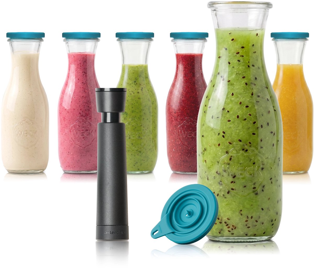 Airtender Smoothie Saver (6st.) | 6x Vacuüm karaf van glas (1000ml) | 6x Vacuümdeksel + GRATIS -pomp | 100% Plasticvrij | Smoothies, juices en shakes tot 5x langer vers, kleurrijk en vitaminerijk | Maak smoothies voor de hele week! | + To-Go Clip