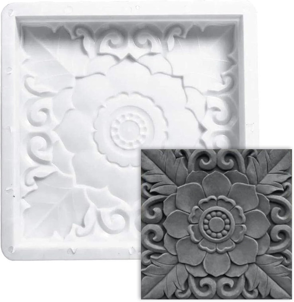 Betonmal Vierkant - Pad Maker - Tuin Decoratie - Lotusbloem Ontwerp - 40x40x3.5 cm - Wit