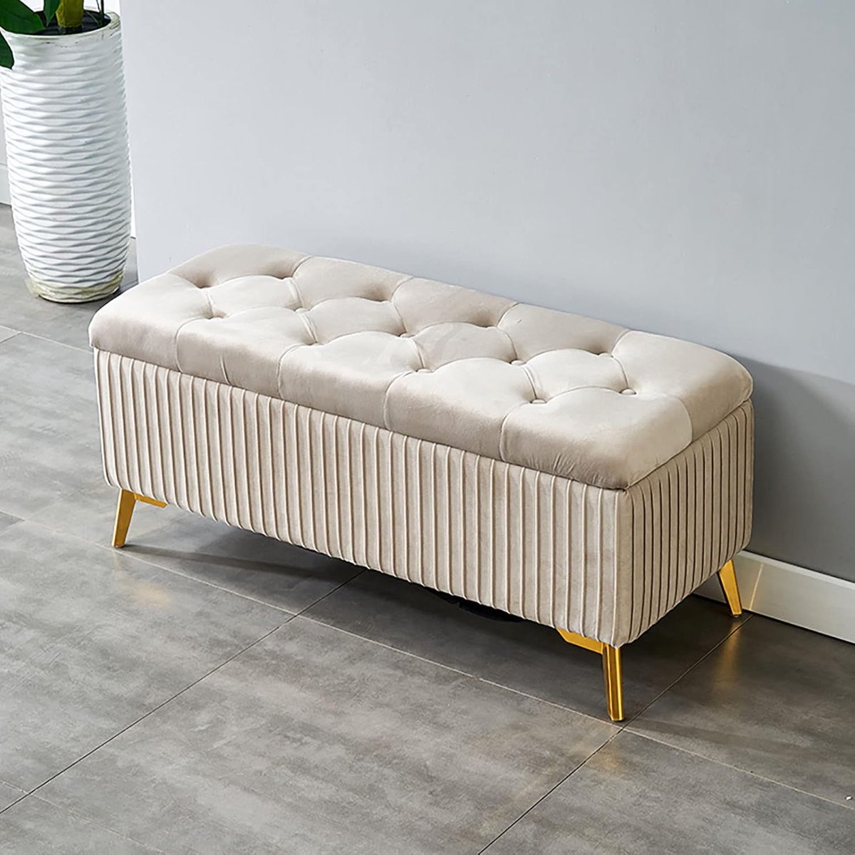 Opbergbank Fluweel - Voetenbankje Zetel - Extra Zitplaats - Diepe Knoopsluiting - 100x39x45cm - Beige
