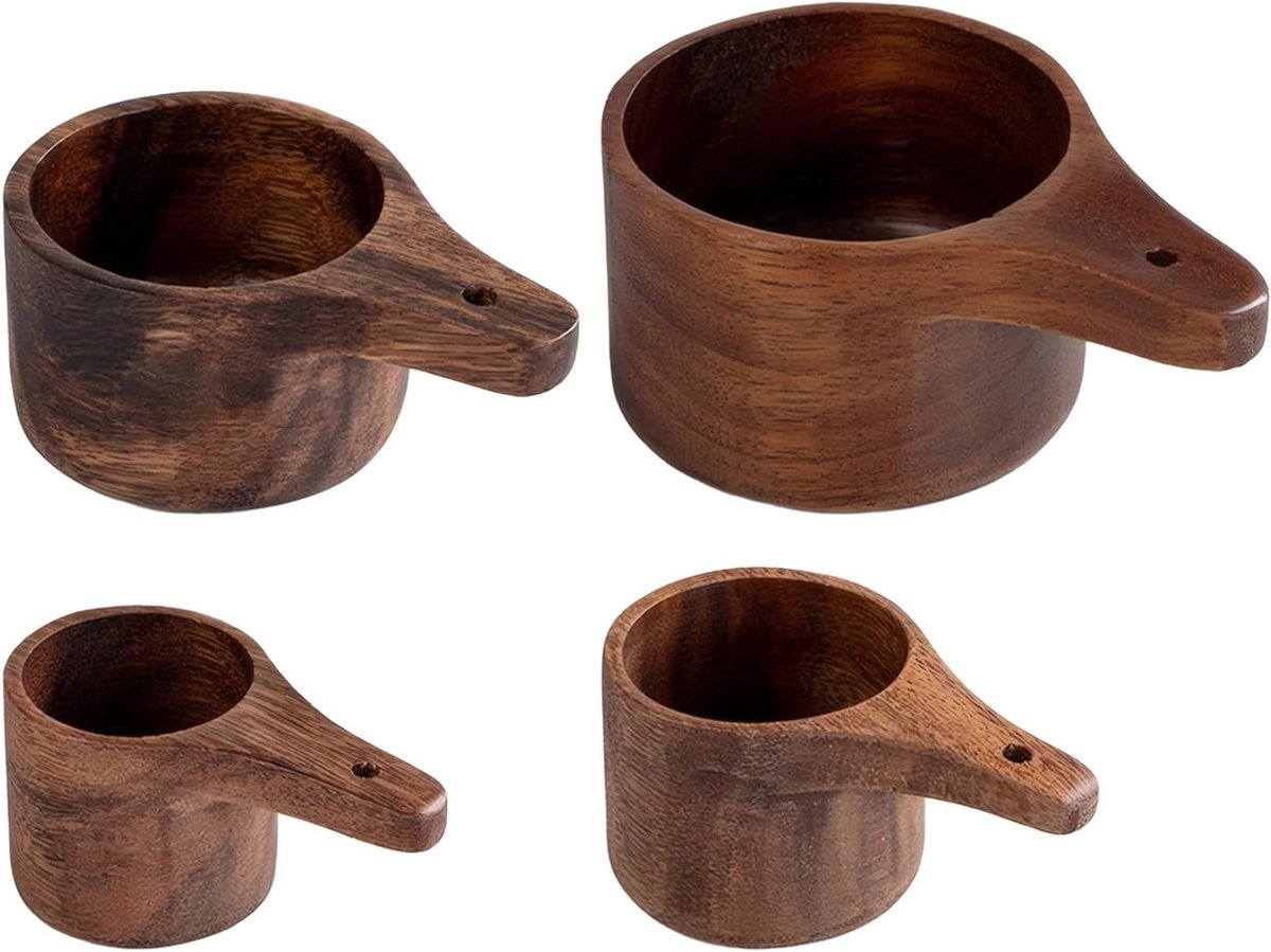 Set van 4 maatbekers van massief notenhout met nestontwerp voor koffie, bakken en koken, 1/4, 1/3, 1/2, 1 kop, bruin