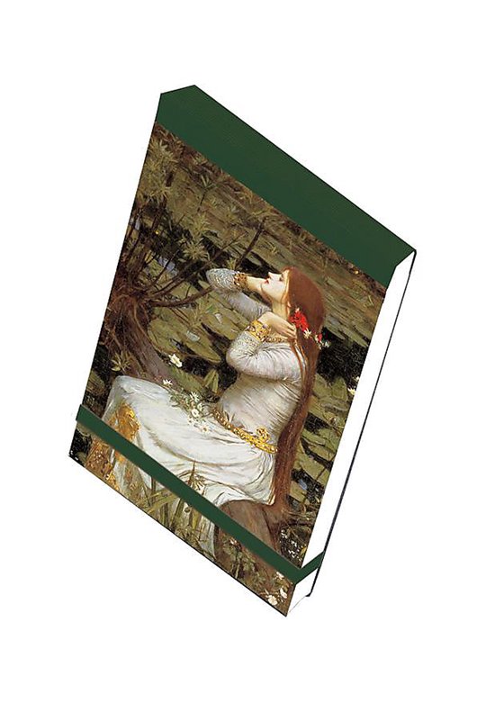 Pocketnotitieboekje met een schilderij van een vrouw met lang rood haar in een witte jurk, liggend tussen waterlelies.