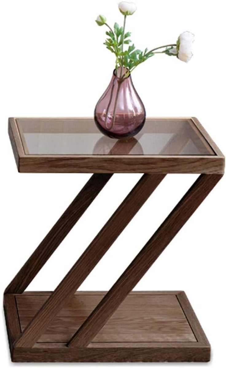 Bijzettafel Glas en Hout - Salontafel Hoektafel - Woonkamer Decoratie - Robuust Gehard Glas