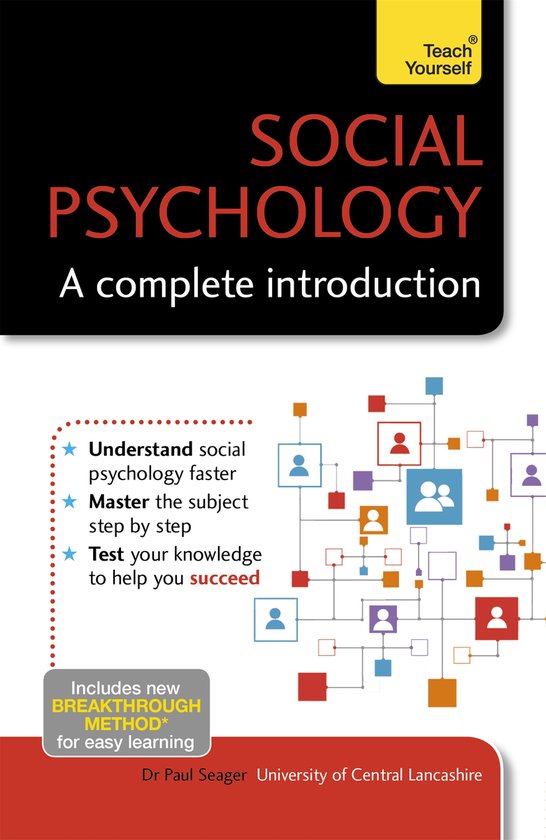 Boek "Social Psychology: A complete introduction" van Teach Yourself met gele en rode tekst op een zwarte achtergrond. Bevat een netwerkdiagram met figuren.