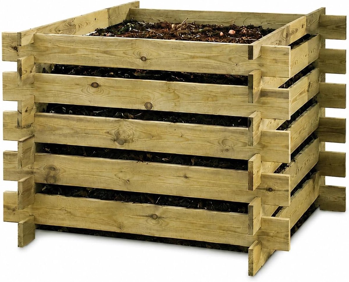Houten Compostbak - Compostsilo Tuin - Afval Verwerken - Drukgeïmpregneerd Grenenhout - 100x100x70 cm - Bruin