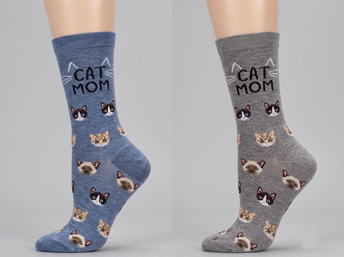Cat Mom Bamboo Dames Crew Sokken - 2 Paar - Denim Heather /Med Gray Heather - Maat (9-11)