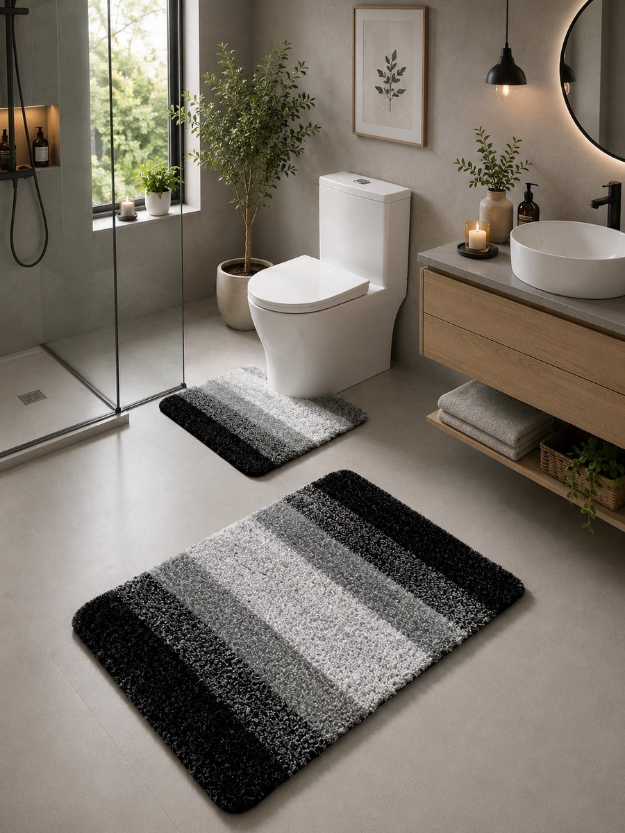 Luxe Badmat Set 2-Delig Zwart/Grijs – Microvezel Badmatten – Antislip TPR – Zacht & Waterabsorberend – Machinewasbaar