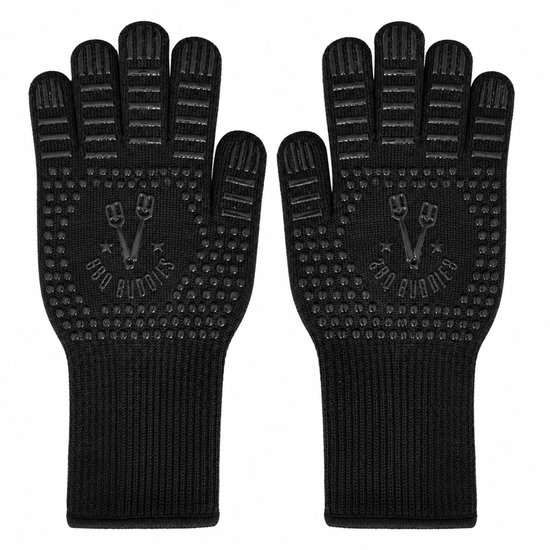 Une paire de gants de barbecue noirs avec
des picots et des rayures en silicone gris.