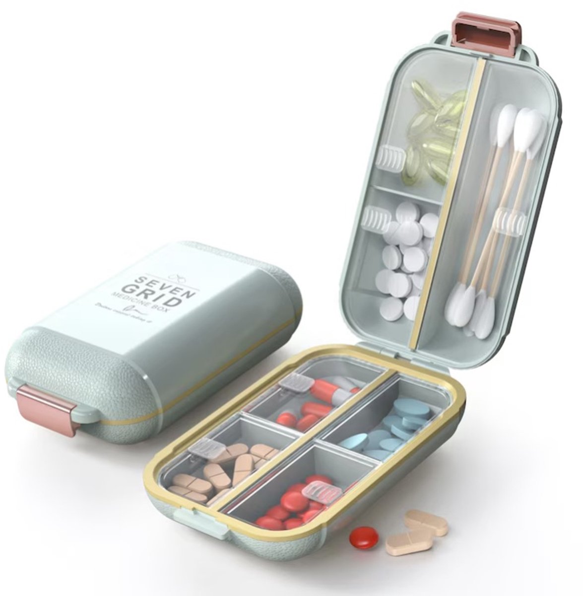 Kraftverdia Pillendoos met 7 Vakken – BPA-vrije Medicijndoos met Vochtbestendige Afdichting – Voor Medicijnen, Vitamines en Supplementen – Lichtgroen