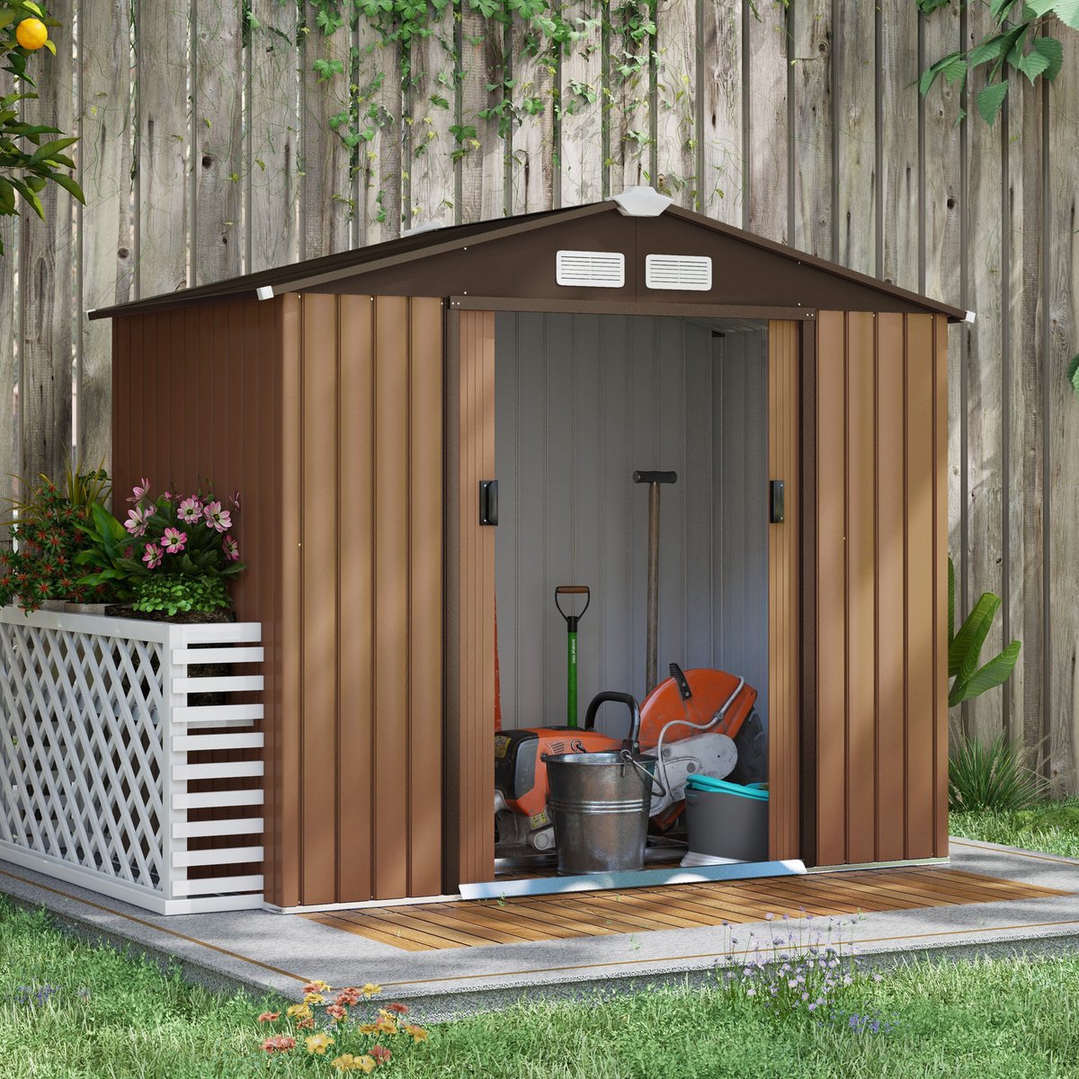 Tuinhuis Metaal, Metalen Schuurtje, Tuinberging Metaal, Tuinhuis/Gereedschapsschuur/Tuinschuur Met Basisframe En Schuifdeuren, Weerbestendig Staal, Bruin, 213 X 130 X 185 Cm