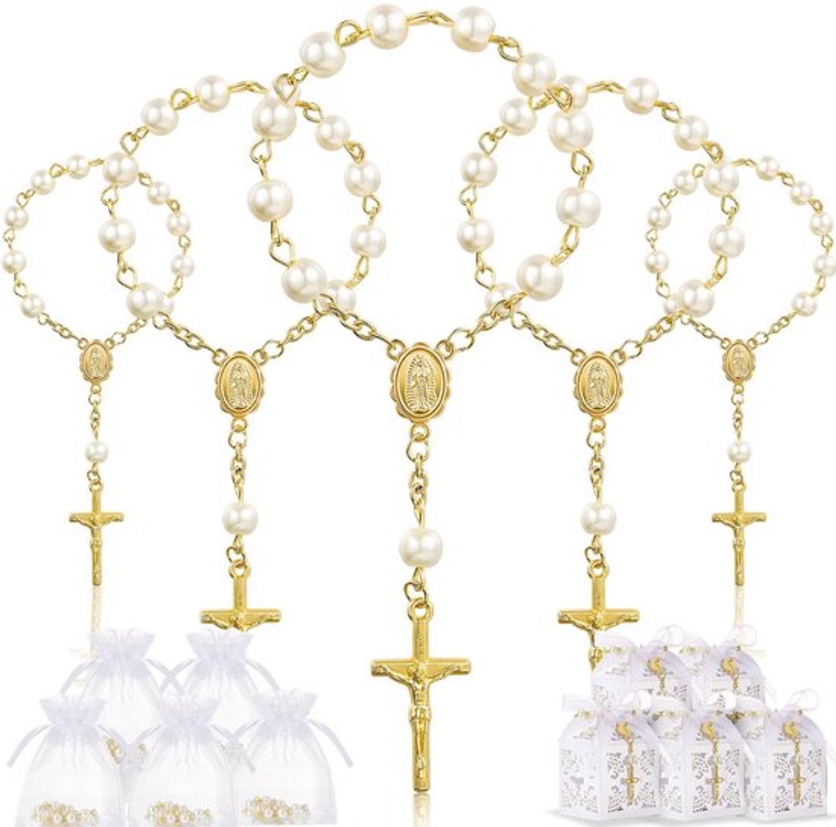 Doop gunsten set - Rozenkrans met kruis - Gouden parel armband -