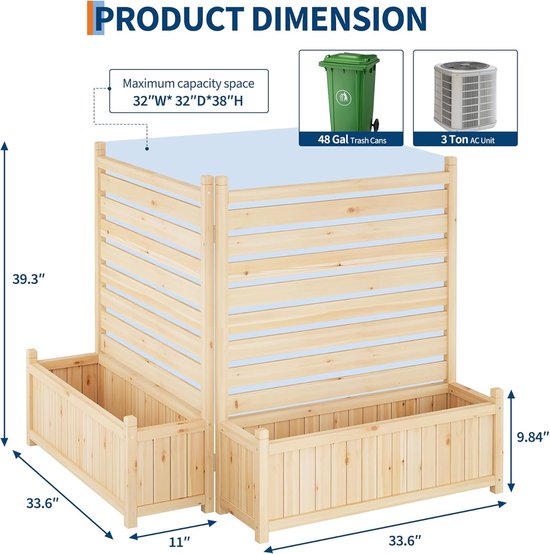 Houten plantenbakken met schermen, afmetingen 39.3"H x 33.6"W, 11"D. Geschikt voor 48 Gal vuilnisbakken of een 3 Ton AC unit.