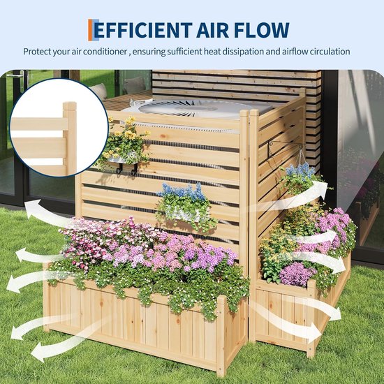 Houten privacy scherm met plantenbakken, ontworpen voor efficiënte luchtstroom rondom een airconditioner.