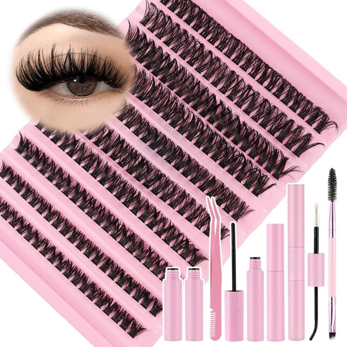 Complete Set voor Wimperextensions met 200 Stuks 60D D Curl Wimperclusters van 8-16mm, Inclusief Lijm, Sealer en Pincet voor Natuurlijke DIY Wimpers