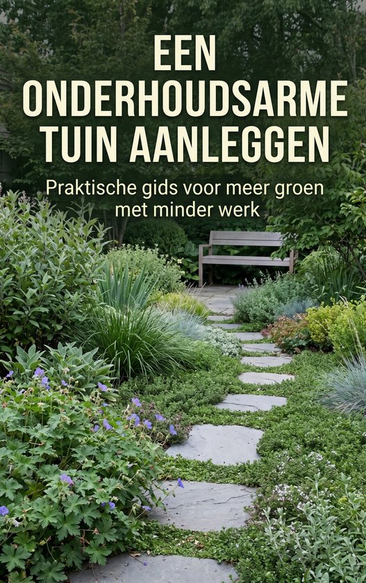 Een onderhoudsarme tuin aanleggen. Boekcover met een pad van grijze stenen door een groene, weelderige tuin met blauwe bloemen.