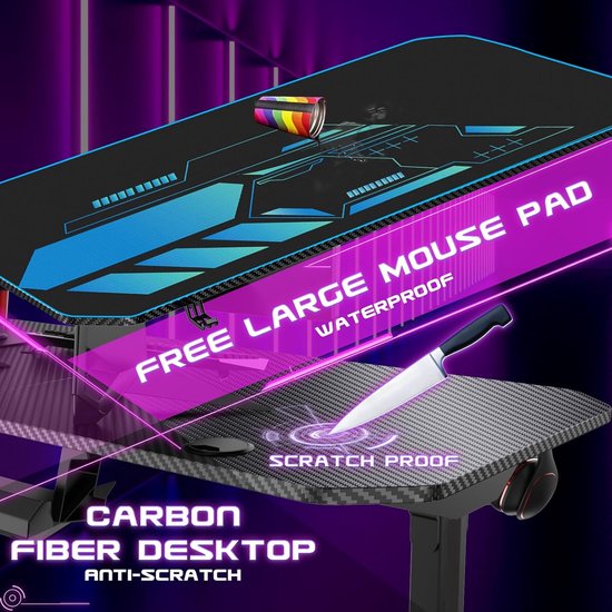Gaming Bureau - Speeltafel Computertafel - Gamen Werken - Koolstofvezel Tafelblad - 160 x 75 cm - Zwart — afbeelding 4