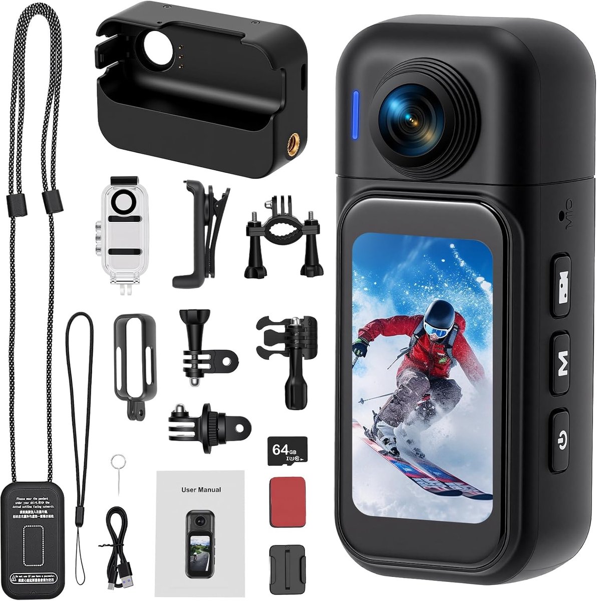 360 Actiecamera - Panorama Camera - Vloggen en Sport - 180° Roteerbare Lens - 4K HD 64GB - Zwart