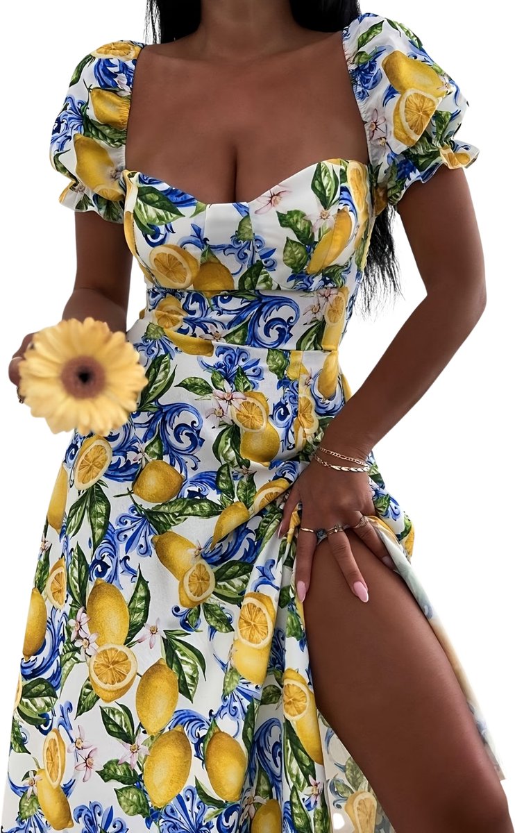Currero Zomerjurk Dames Zomerjurken Volwassenen Vrouwen Midi Jurk Ibiza Stijl Sundress Dress Citroengeel XL