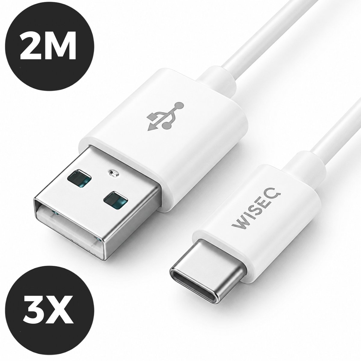 USB C naar USB snellaadkabel 2 meter - 3-pack - USB datakabel - geschikt voor Samsung, iPhone, Huawei en andere apparaten met USB C aansluiting - wit - WiseQ