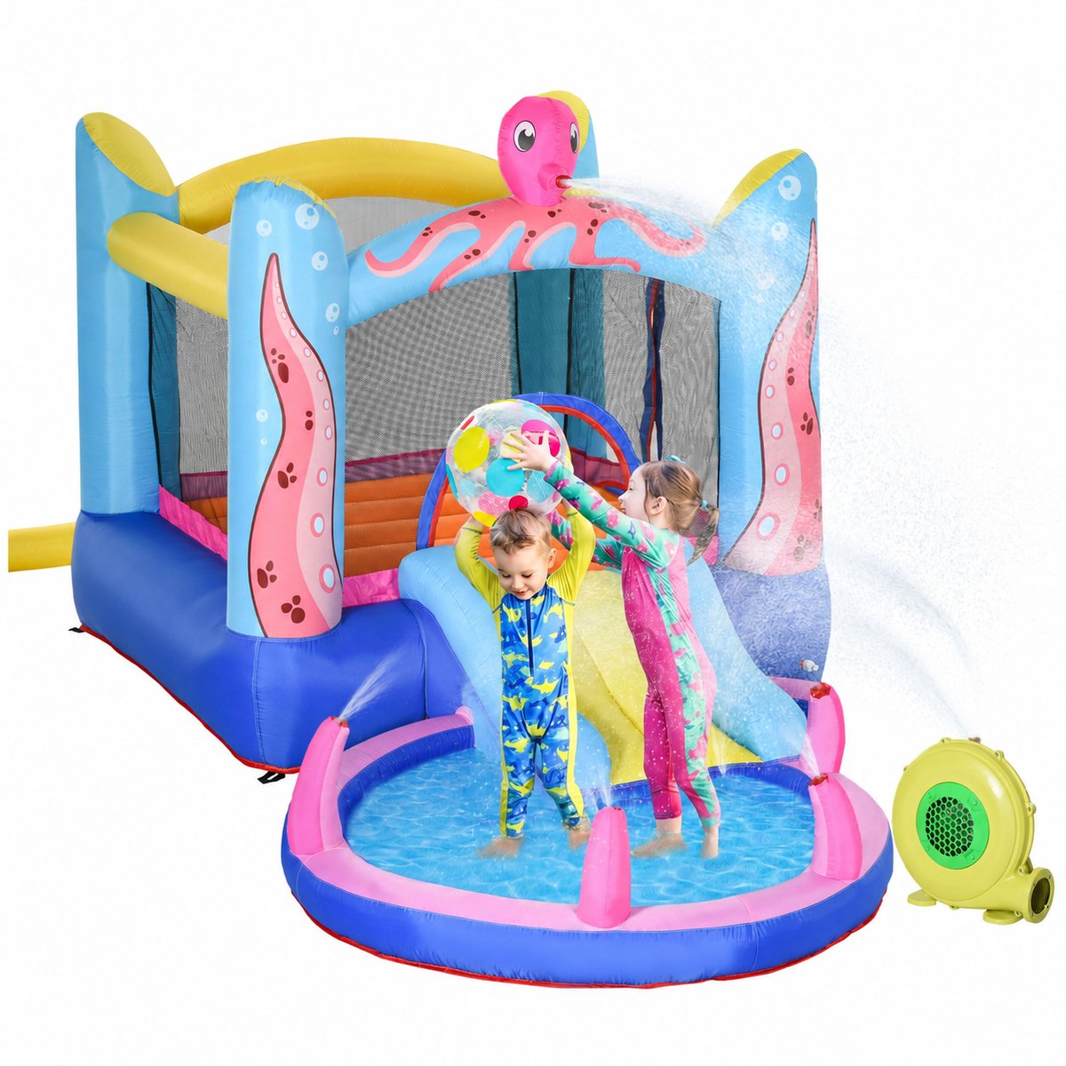 TEKROA® Springkussen - springkasteel met blower -reparatiepleisters glijbaan, springgedeelte en kinderbadje - 360 x 175 x 180 cm