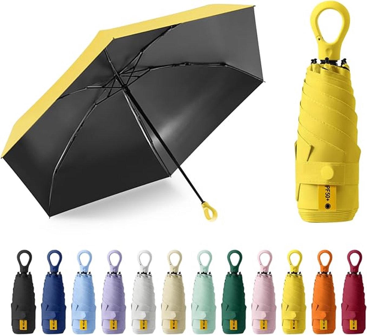 Zonneparaplu, zakparaplu, UPF50+, mini-paraplu met 6 baleinen, ringhandvat en opbergdoosje, geschikt voor zonnige en regenachtige dagen - geel